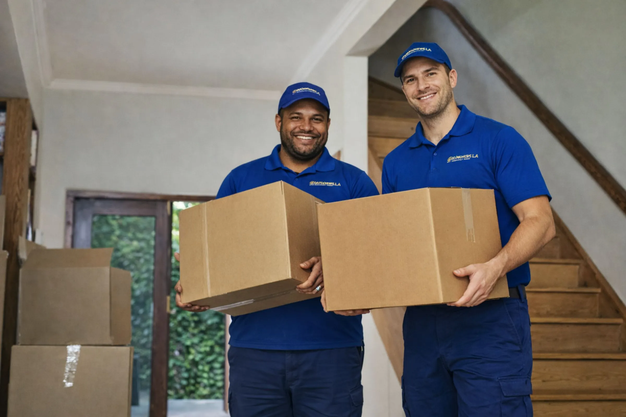 Two professional movers in blue uniforms carrying moving boxes inside a Los Angeles apartment during a residential relocation.